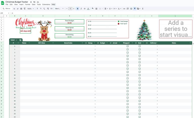 Christmas budget tracker google sheets template with reds greens and golds 
