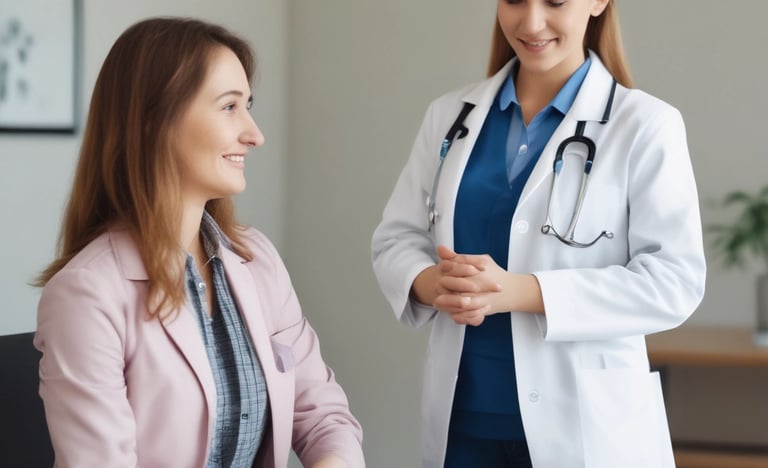A person in a white lab coat is standing in a room with tiled walls, holding a smartphone and smiling. The room contains equipment and surfaces that suggest a work environment, possibly related to food preparation or processing. Pieces of raw meat are visible on a metal surface.