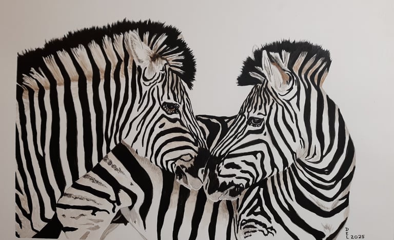 a watercolor painting of two zebras kissing 