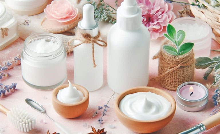 a variety of cosmetics products, cream and lotion with pink flowers