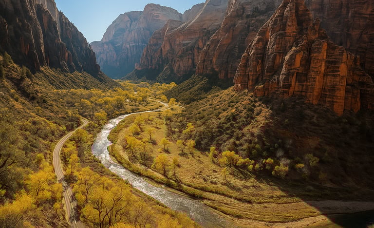 Scenic view of Zion National Park with a winding river, vibrant yellow trees, and towering red rock cliffs under a clear blue