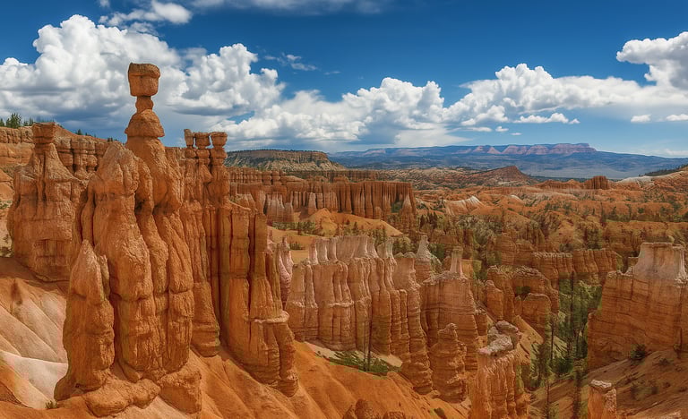 Stunning view of Bryce Canyon National Park with towering red rock hoodoos under a bright blue sky and dramatic white clouds