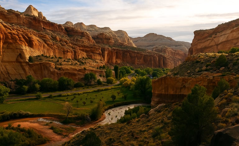 Peaceful landscape of Capitol Reef National Park with red rock cliffs, green orchards, and a winding river under soft evening