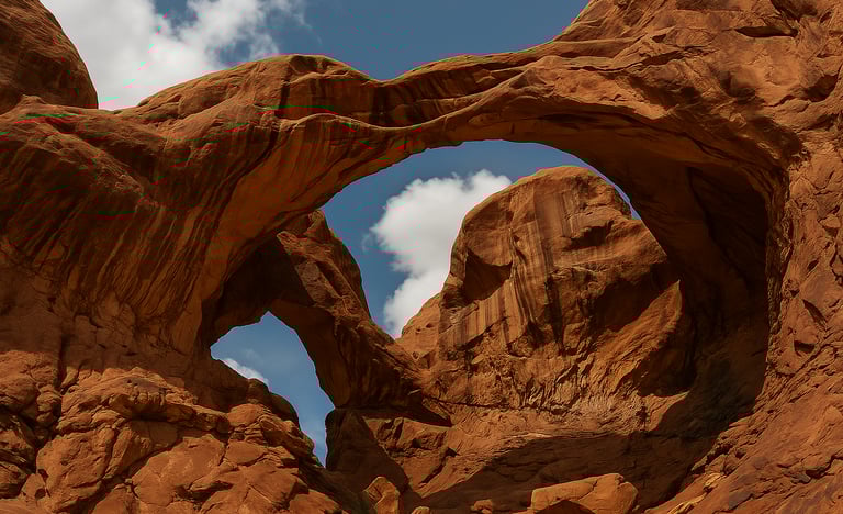 Low-angle view of Double Arch in Arches National Park, showcasing two massive red rock arches against a bright blue sky with 
