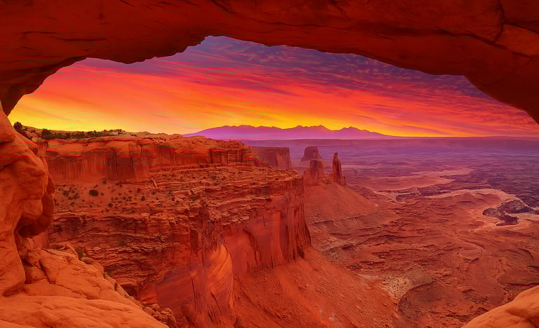 Sunrise view through Mesa Arch in Canyonlands National Park, with glowing red rock cliffs, spires, and a vivid orange and pur