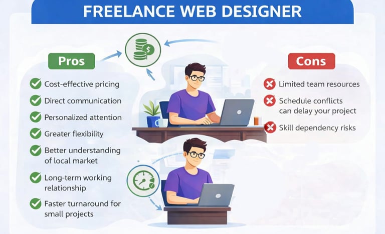Freelance web designer in Bhopal working on laptop with pros and cons infographic showing benefits l