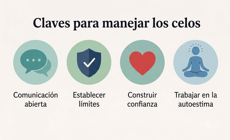  Infografía que muestra cuatro claves para gestionar los celos: comunicación, límites, confianza y a