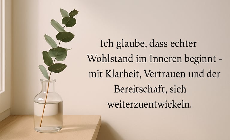 Minimalistische Szene mit Eukalyptuszweig in Glasvase am Fensterbrett und Zitat über inneren Wohlsta