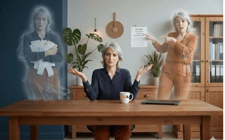 Woman haunted by past avoided tasks and future deadlines - the paralysing dread-it spiral