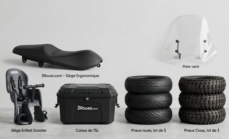 accessoires scooter électrique 3 roues coffre pare vent siège