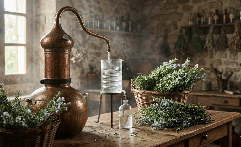 Romero silvestre sobre mesa de madera rústica para la selección de hidrolatos en S&B El Artesanal