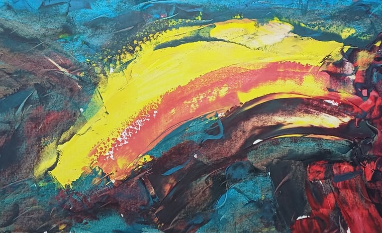 Crust — luminous yellow-red form sweeping through dark teal ground, acrylic, by Zanda