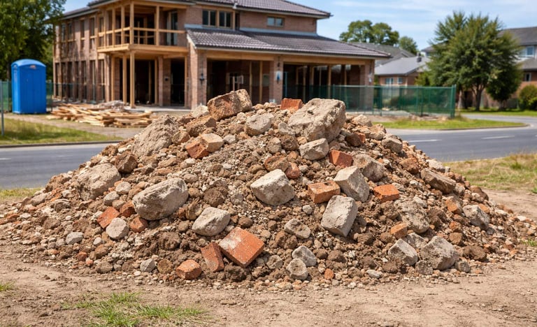 pile of dirt, bricks, concrete, rocks on a block of land in a suburban street with a house being built in the background