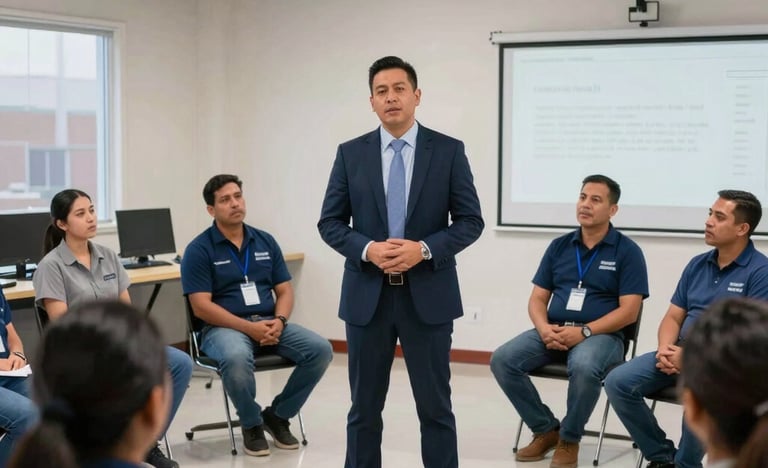 A team of workers wearing safety gear inspecting a modern industrial facility.