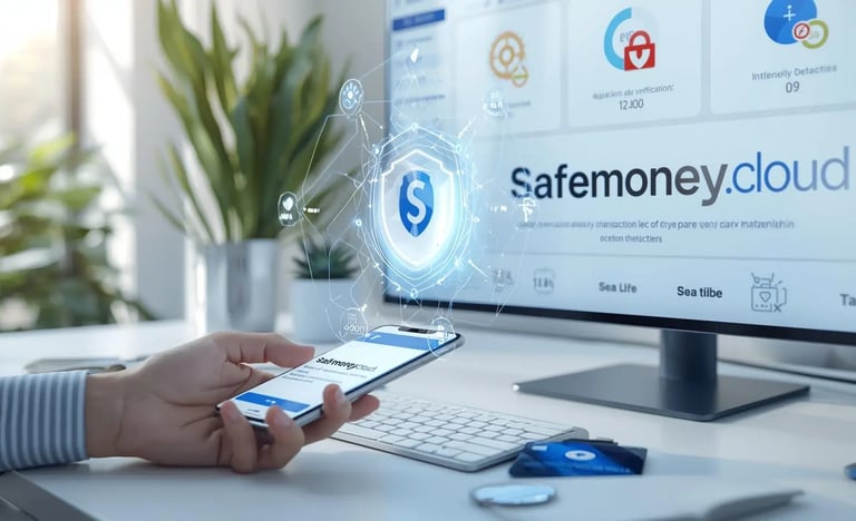 A secure digital payment app on a smartphone with holographic shield protection for cloud banking safety.