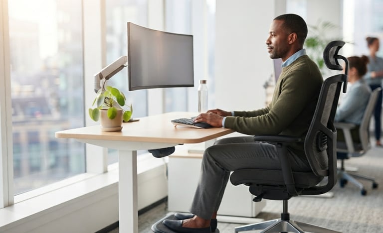 Modern ergonomic desk setup showing correct monitor, chair, and workstation positioning.