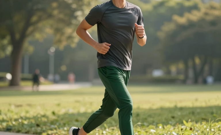 A fit person jogging on a sunny morning in a modern North American park, wearing charcoal grey and forest green athletic wear. High-quality photography with natural lighting and soft shadows, portraying a healthy lifestyle.