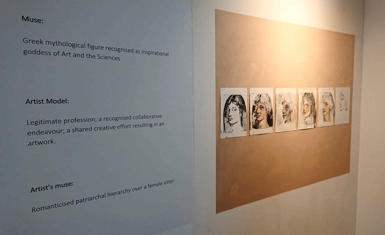 exhibition text next to series of 6 portraits of a lady