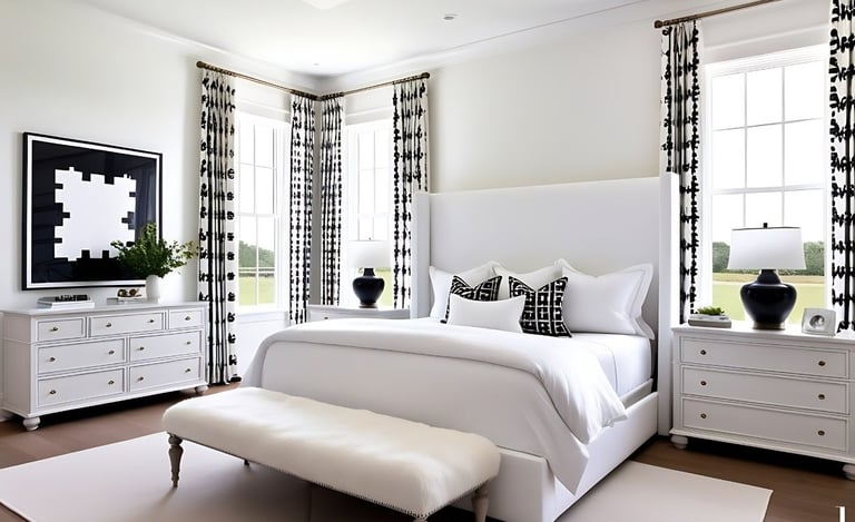 a bedroom with a white bed and a bench with a bench and a bench with