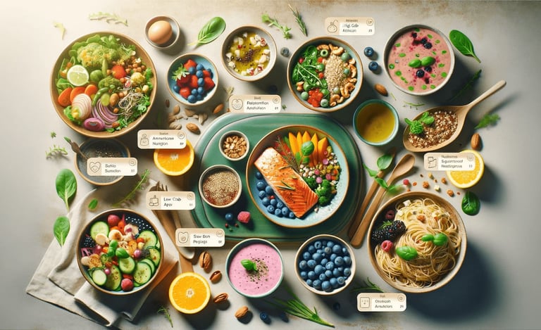 A colorful display of various healthy dishes recommended by an AI nutrition app