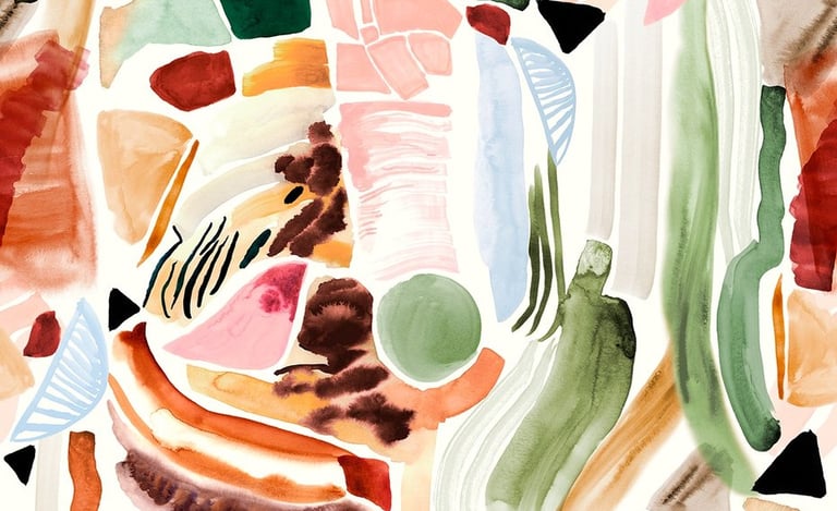 Estampa exclusiva com arte original de formas abstratas e pinceladas coloridas em aquarela
