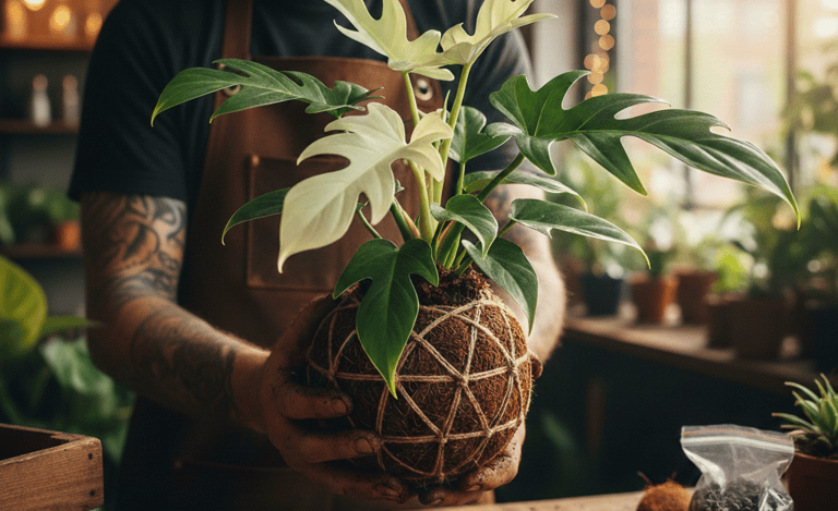 Una persona sostiene una planta Philodendron Florida Ghost en una bola de musgo kokedama 