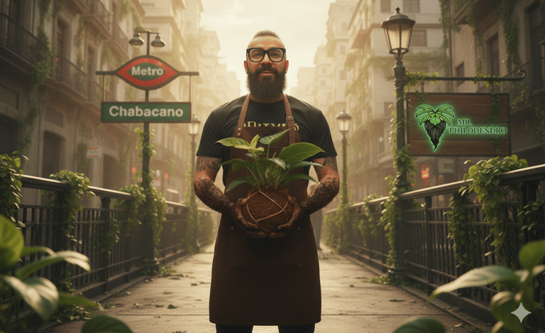 Hombre barbudo sosteniendo un kokedama de filodendro cerca de la estación de metro Chabacano.
