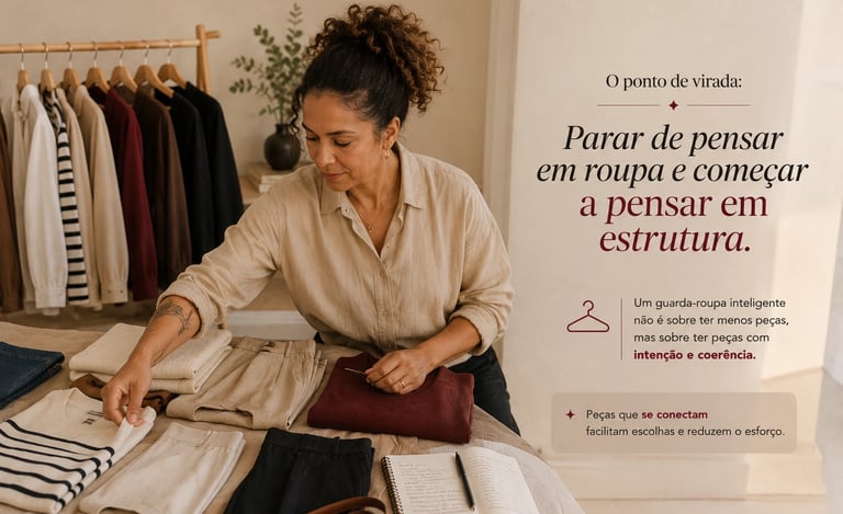 mulher organizando combinações de roupas em guarda roupa inteligente com peças coordenadas e estilo pessoal funcional