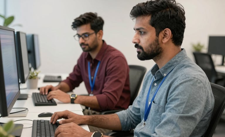 Team collaborating around a laptop in a modern office space with deep navy and slate gray accents.