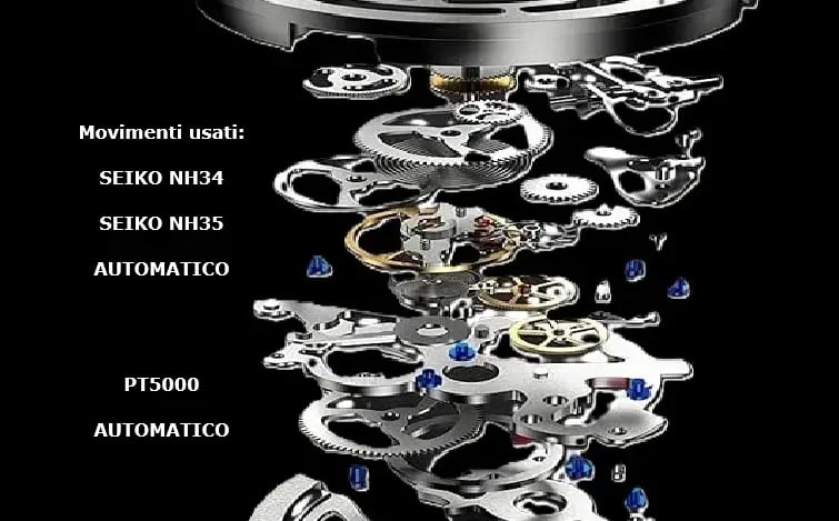esploso di un movimento meccanico automatico con scriti quelli montati negli orologi