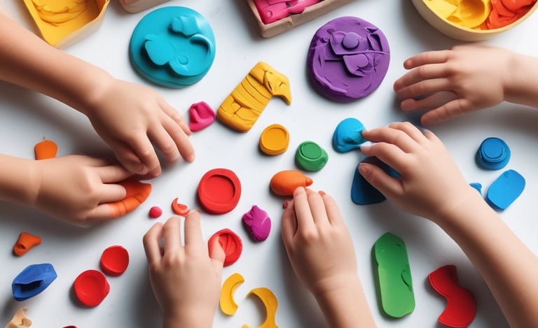 a group of children's hands holding onto a playdoue
