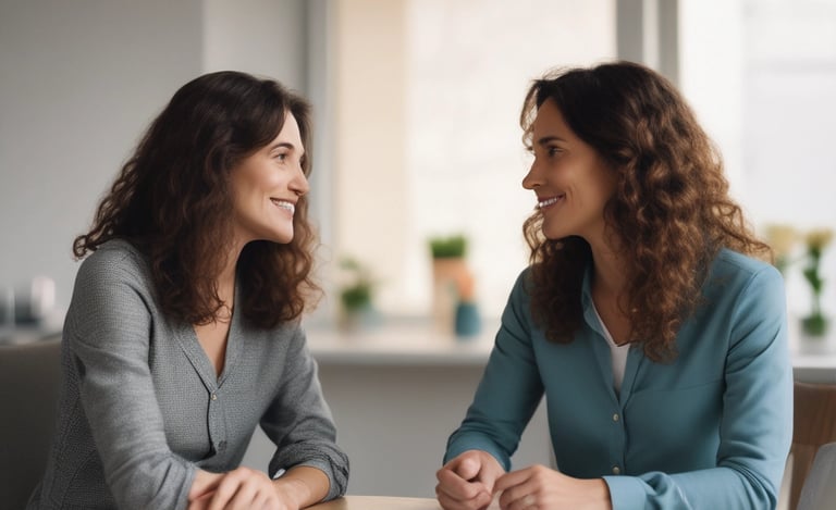 two women sitting at a table looking at a computer screen