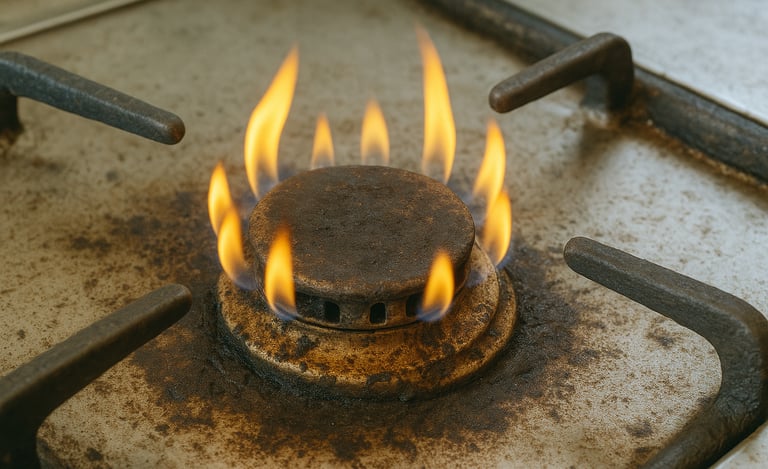 Close-up of dirty gas burner with yellow flame on bright greasy stovetop – gas burner repair Ottawa