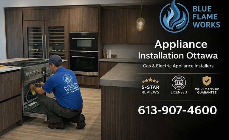 Blue Flame Works ad showing technician installing a range in kitchen with Ottawa contact number.