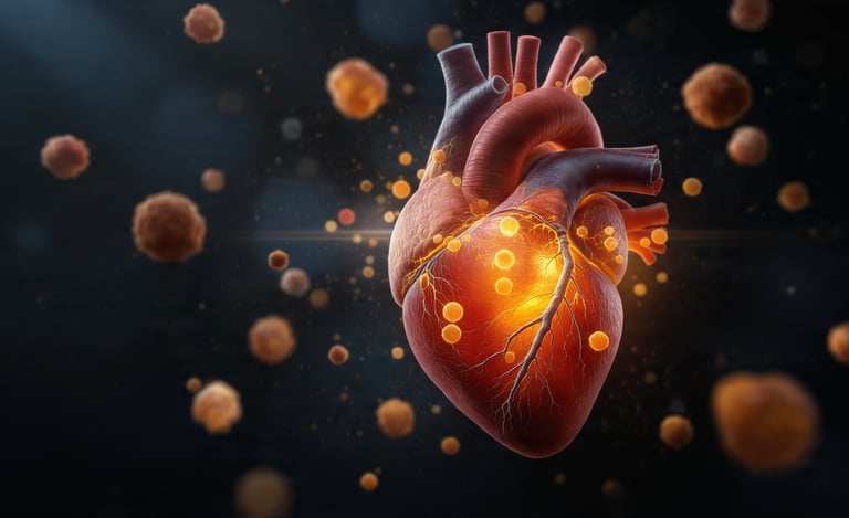 Cuore e particelle di colesterolo LDL in rappresentazione scientifica realistica