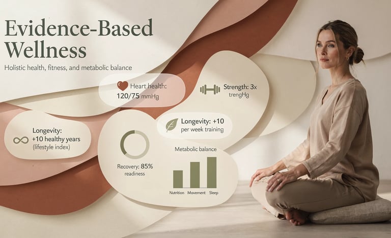 Donna in postura meditativa circondata da dati sul benessere e riequilibrio metabolico.