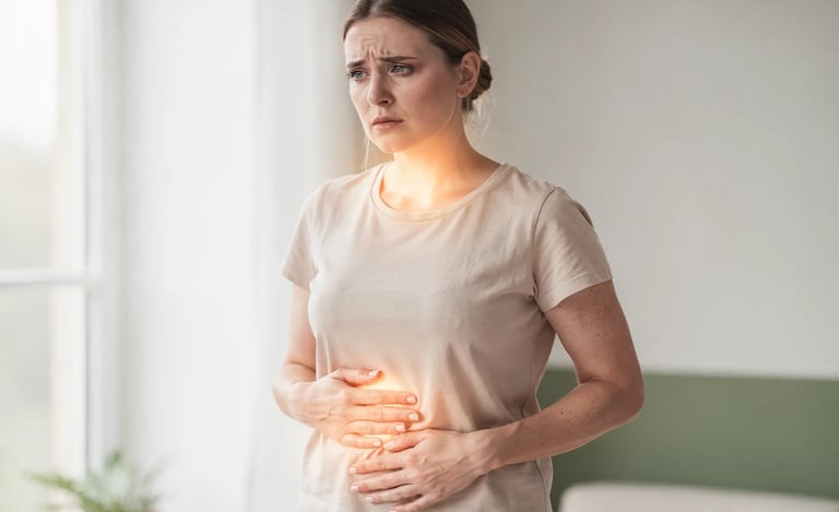 Donna con sintomi di tiroidite di Hashimoto, espressione affaticata e mani sull’addome gonfio