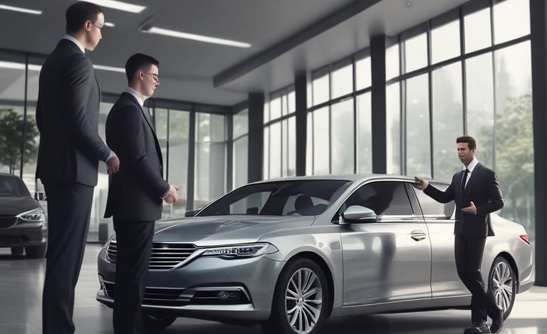 A luxury car with a sleek, metallic exterior and distinctive grille is displayed inside a modern showroom. The lighting highlights the vehicle's glossy finish and elegant design features.