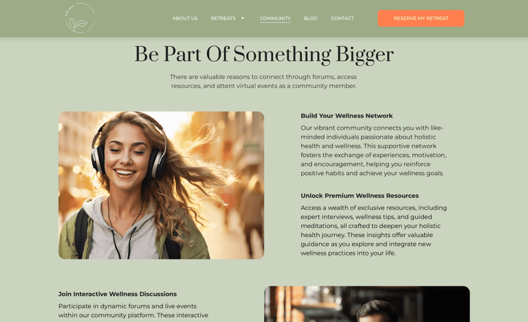 Woman with headphones smiling, part of Step Into Tranquility’s wellness community
