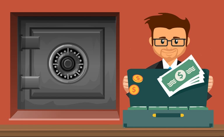 animated cartoon guy with briefcase of money and gold coins and safe in background