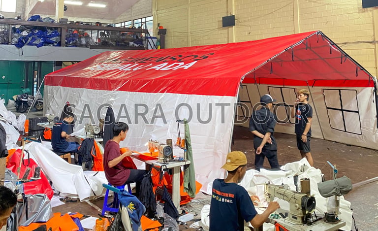 proses pembuatan tenda serbaguna kemensos ri di pabrik tenda sagara outdoor