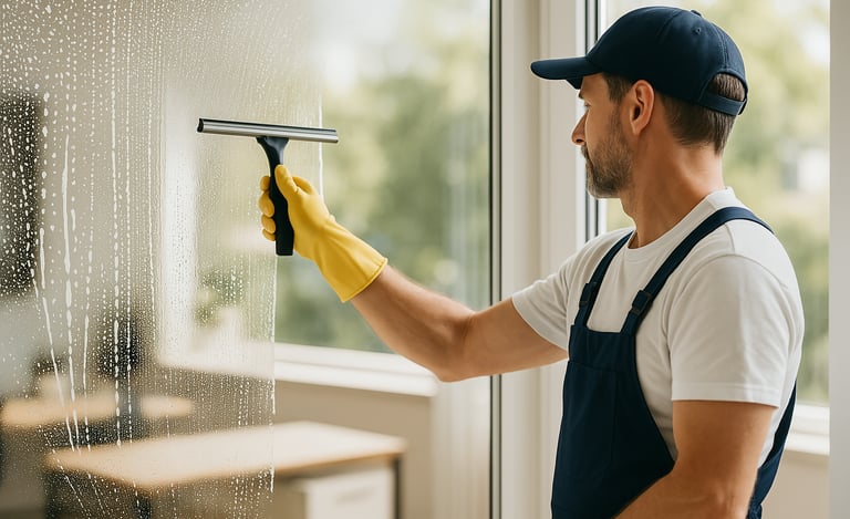 Mężczyzna myje okna w biurze w Gdańsku – profesjonalne mycie szyb w ramach usługi sprzątania w Trójmieście.