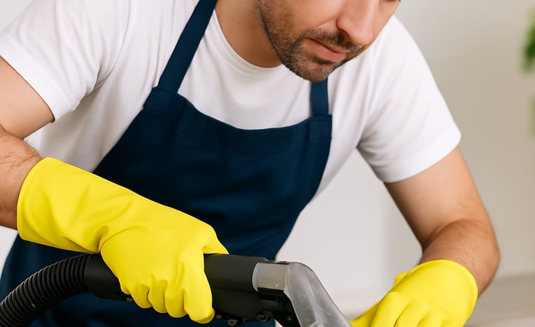 Profesjonalne czyszczenie tapicerki meblowej przez pracownika firmy sprzątającej w Gdańsku.