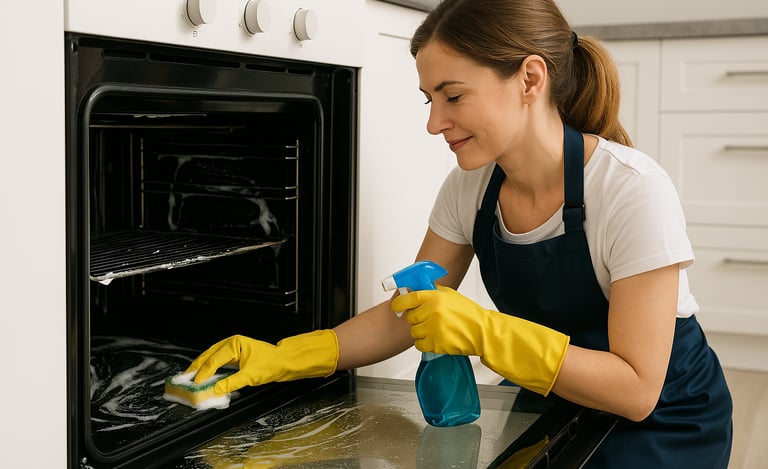Czyszczenie piekarnika przez pracownicę firmy sprzątającej w Gdańsku – usuwanie tłuszczu i przypaleń.