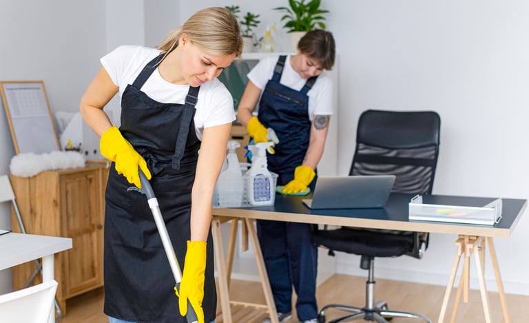 Dwie pracownice firmy sprzątającej w rękawiczkach czyszczą nowoczesne biuro – jedna mopuje podłogę, druga porządkuje biurko
