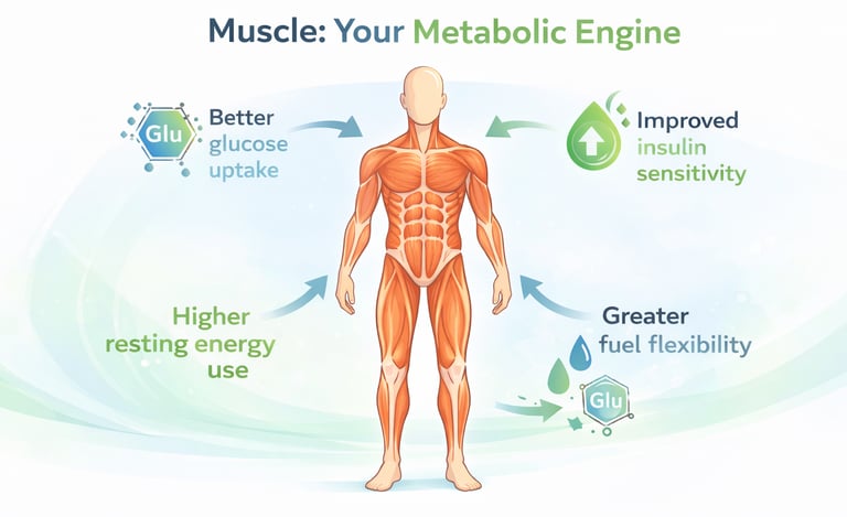 Diagram showing how muscle building improves insulin sensitivity and metabolism