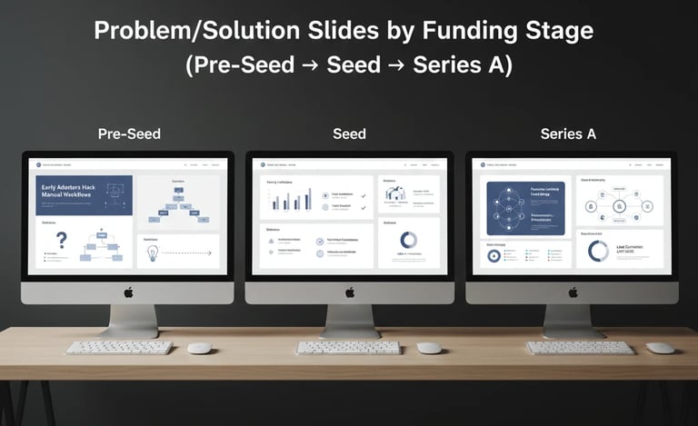 A comparison of startup pitch deck problem-solution slides across Pre-Seed, Seed, and Series A fundi