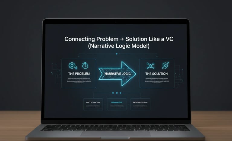 A laptop screen displaying a business infographic titled "Connecting Problem → Solution Like a VC" u