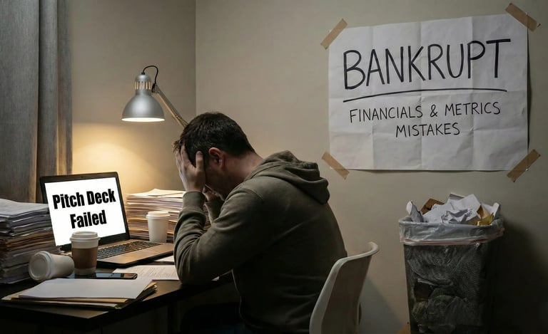 Stressed founder facing pitch deck financial metrics mistakes