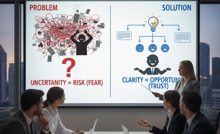 give photo Investor psychology behind problem and solution slides in a VC pitch deck.